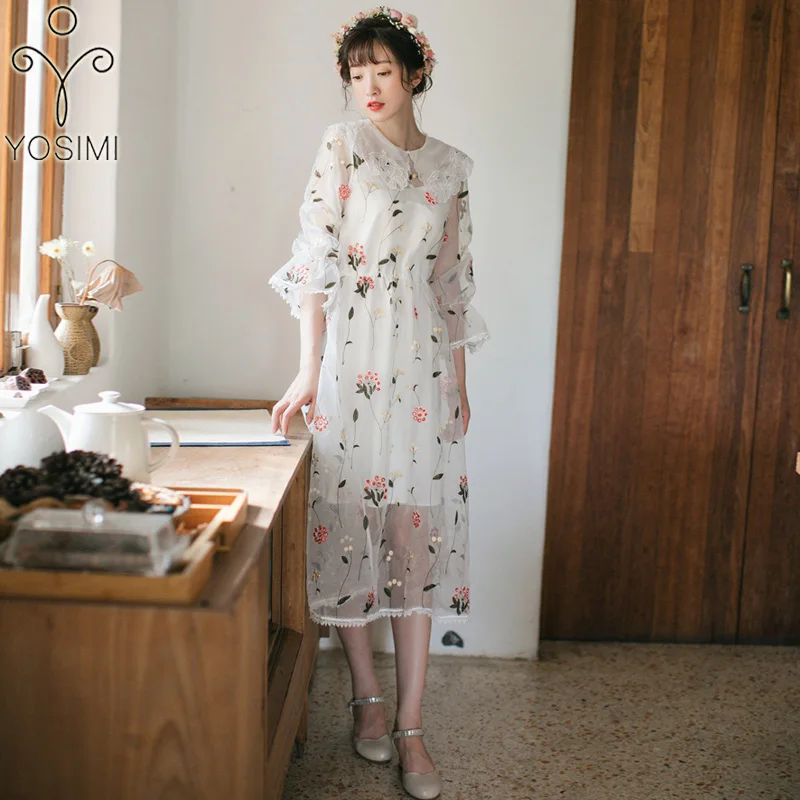 2019 летнее длинное женское платье с цветочной вышивкой Макси консервативный