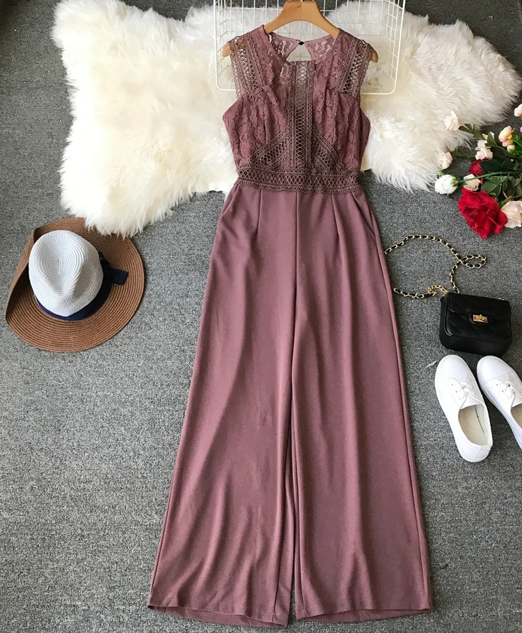 

2020 Body Feminino Polyester Formal Sexy Bodysuit Jumpsuit Women's Round Neck Lace Stitching Halter Wide Leg Trousers Women