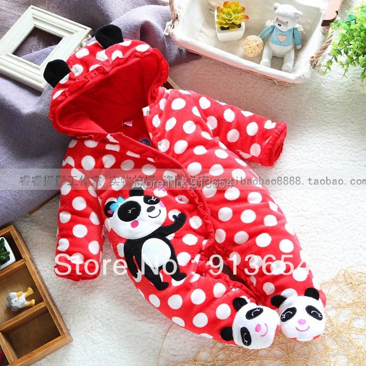 Детский хлопковый комбинезон в горошек с пандой|warm overalls|romper kidscotton rompers |