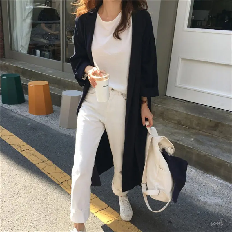 

Trench Coat Women 2020 Single Breasted Lapel Long Sleeve Bandage Cotton Thin Long Shirt Loose Windbreaker Outerwear Robes f1264