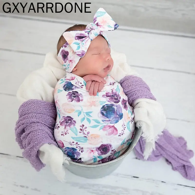 

2019 Sleeping Newborn Infant Headband Wrap Bowknot Comfortable Receiving Blanket Set Cute Baby Bedding Soft Swaddle Floral Warm