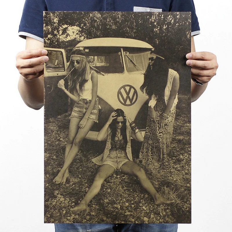 Красота и Volkswagen/ностальгия фото/крафт-бумага/Бар плакат/Ретро плакат/декоративная живопись 51x35,5 см