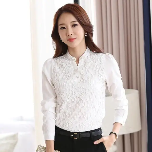 Цветочная кружевная белая блузка женские топы с v-образным вырезом и длинными