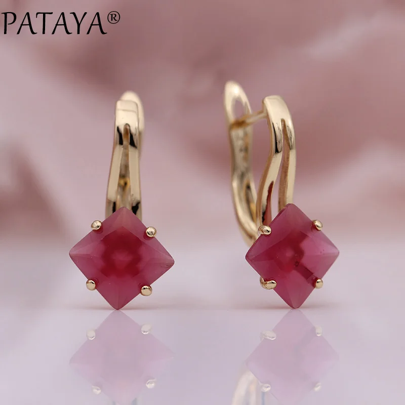 PATAYA, Новое поступление 585, розовое золото, квадратные серьги с зеленым кубическим цирконием, модные милые серьги для женщин и девушек, полые вечерние ювелирные изделия - Окраска металла: ruby color