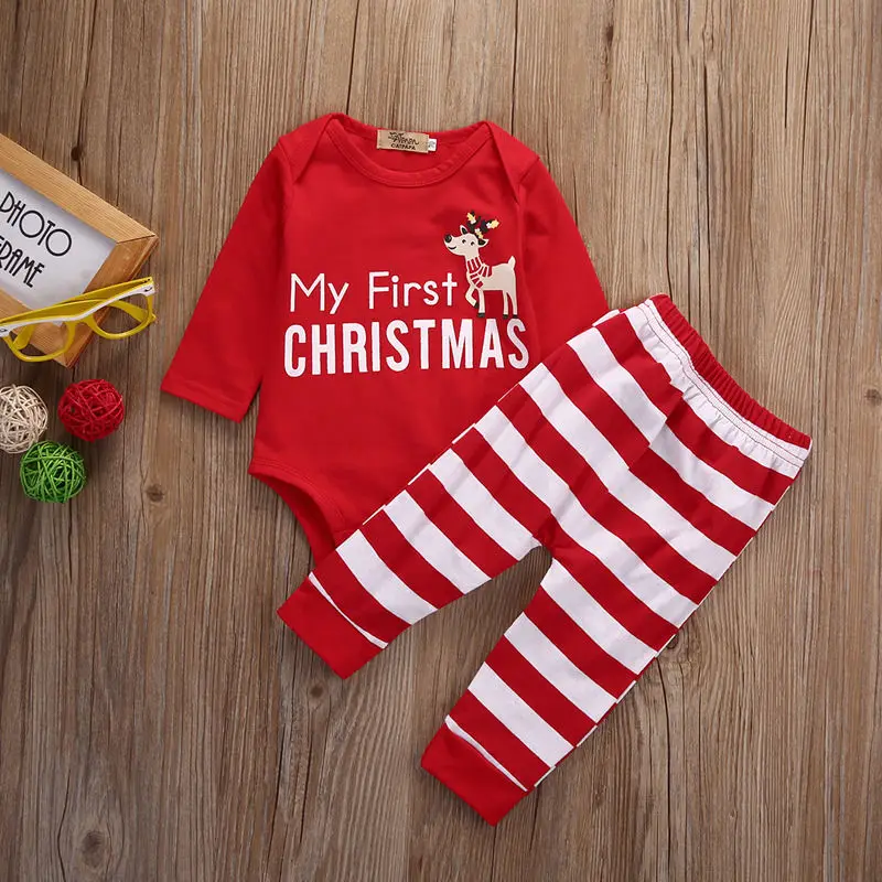 Newborn Baby Girls MY First Christmas Romper Bodysuit +Stripe Pants 2Pcs Outfits | Детская одежда и обувь