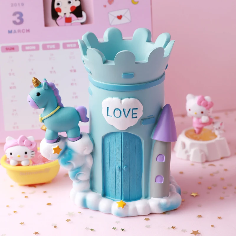 Kawaii Смола Розовый Голубой Единорог ручка держатель Прекрасный Мода Ins стол Коллекция набор для девочек и мальчиков канцелярские принадлежности подарок