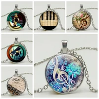 3 color fashion piano notes guitar music diy time glass gem pendant necklace handmade jewelry necklace accessories
