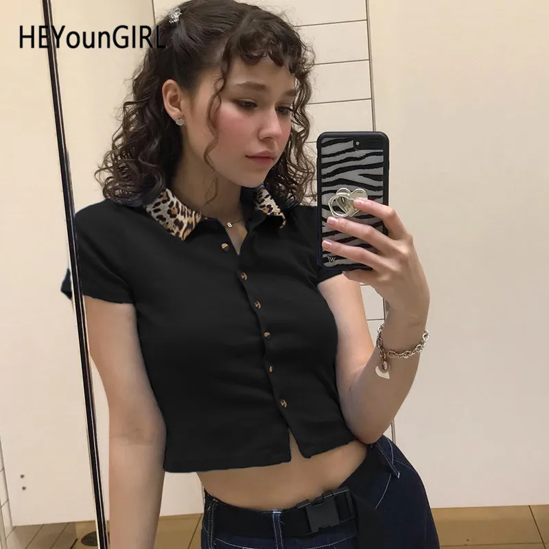 Футболка HEYounGIRL с отложным воротником и леопардовым принтом Женская Повседневная