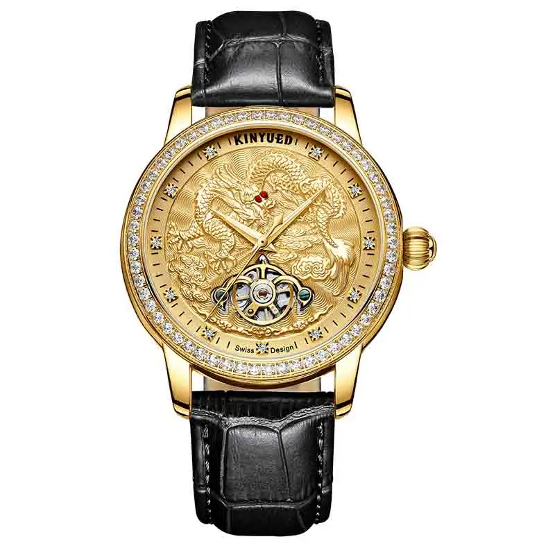 Gold Black Leather KINYUED модные автоматические механические часы, мужские водонепроницаемые светящиеся дизайнерские часы с драконом, мужские спортивные часы с турбийоном, мужские - Цвет: Gold Black Leather