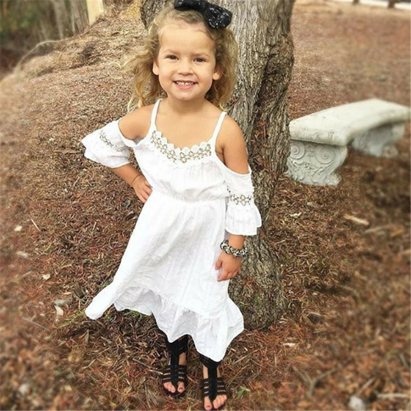Toddler Kids Baby Girl Summer Dress Off Shoulder White Lace Princess Girls Flare Sleeve Children Clothes 2-7Y | Детская одежда и