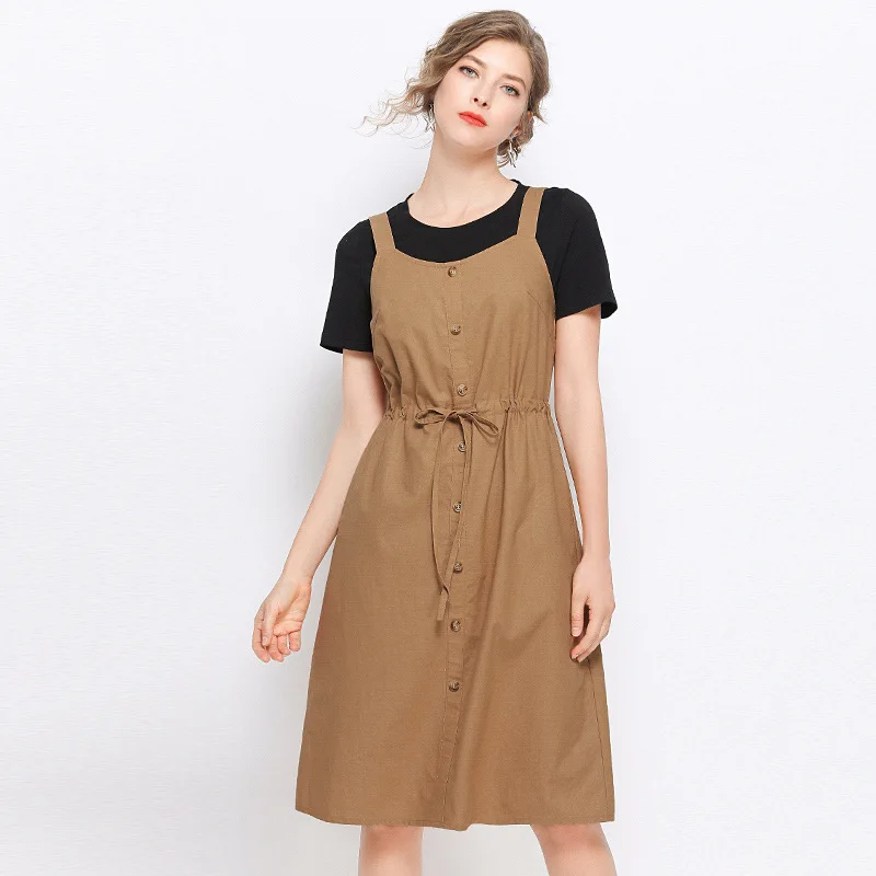 Summer Women clothes set black t shirt+strap dress waist drawstring female Elegant two pc Dress casual vestido Plus size 5XL | Женская