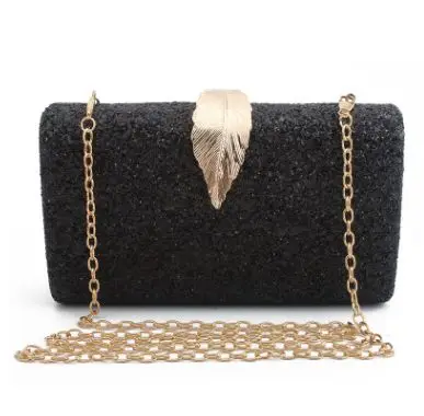 black evening bags Модные вечерние клатчи с блестками для женщин, шикарные клатчи на день, позолоченный металл замочек в форме листа, Свадебный Кошелек, женская сумочка - Цвет: black evening bags