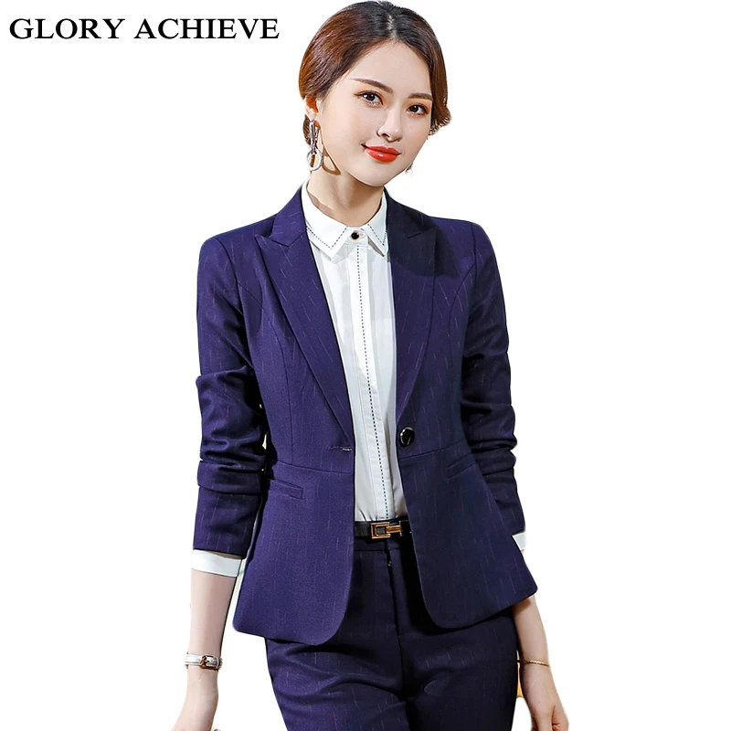 Женский офисный костюм из 2 предметов пиджак в полоску на одной пуговице и брюки