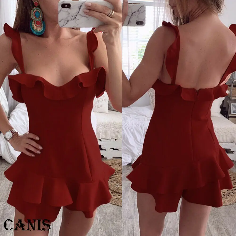 Womens Solid Sling Multi0layers Ruffles Frill Strappy Summer Holiday Party Bodycon Beach Short Mini Swing Dress | Женская одежда