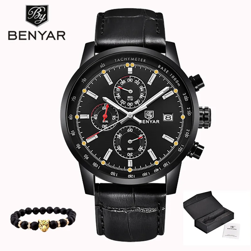 Black-Black L BENYAR мужские повседневные модные часы мужские спортивные часы роскошные кожаные водонепроницаемые противоударные кварцевые часы черные простые мужские часы - Цвет: Black-Black L