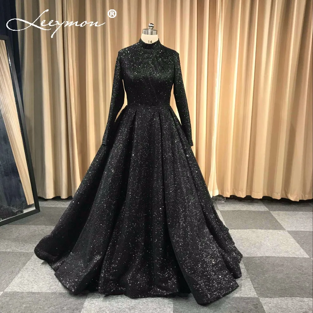 Robe De Soiree блестящее вечернее платье с длинными рукавами Черное вечернее платье длиной до пола с высоким воротом официальное длинное вечернее платье