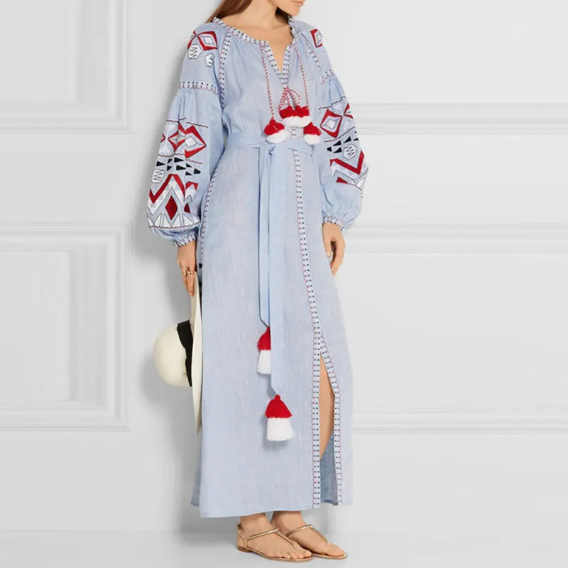 Платья из хлопка и льна на осень зиму 2018 винтажный этнический фонарь с кисточками