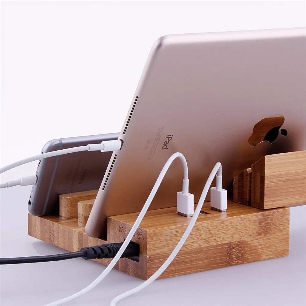 Многофункциональная зарядная станция из натурального бамбука 5 В 3 USB док-станция