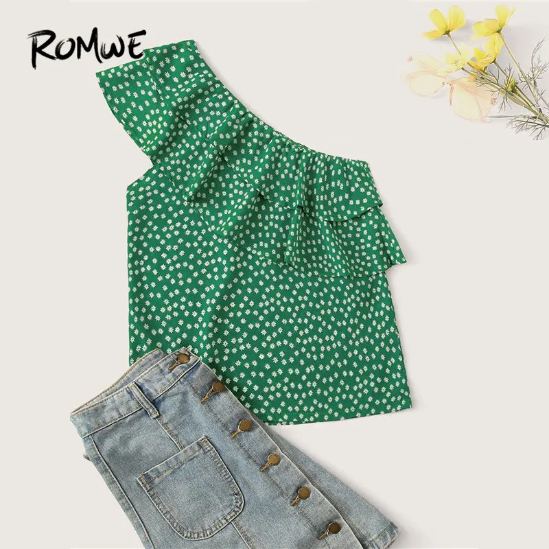 ROMWE Boho/блузка с одним плечом и рюшами, с рукавом-крылышкой, с зеленым цветком, для женщин, милый девчачий, многоуровневый, волан, летние блузки-топы