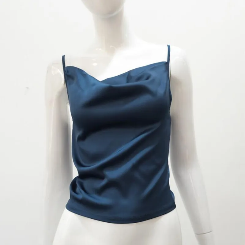 2017 New Ladies Sexy Simple Solid Blue Santin Silk Camis Tank Top Date Party Street Style | Женская одежда