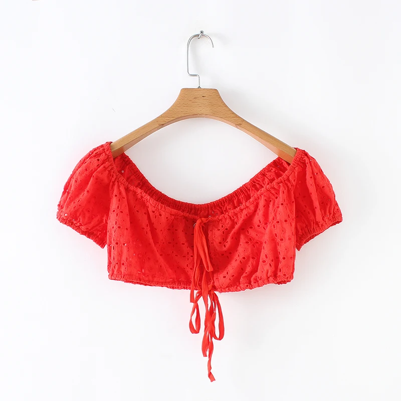

Slash Neck Short Sleeve Solid Hollow Out Lace Short Puff Sleeve Waist Drawstring Lace Up Short Solid Top T-shirt