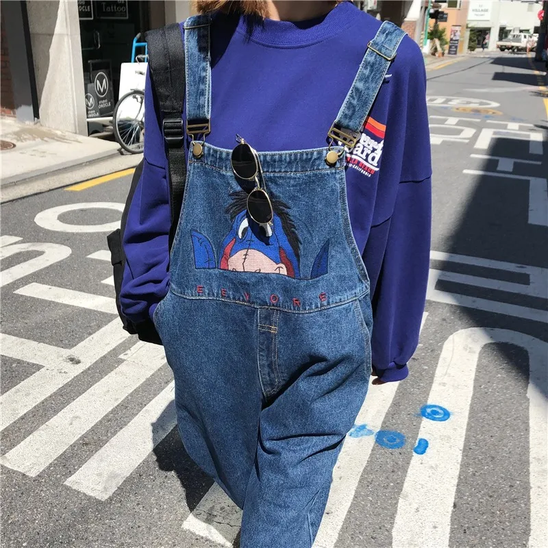 Женские комбинезоны, свободные, студенческие, с карманами, Kawaii, BF, Harajuku, женские, s, милые, шикарные, Мультяшные, с вышивкой, Ulzzang, джинсовые брюки на лямках