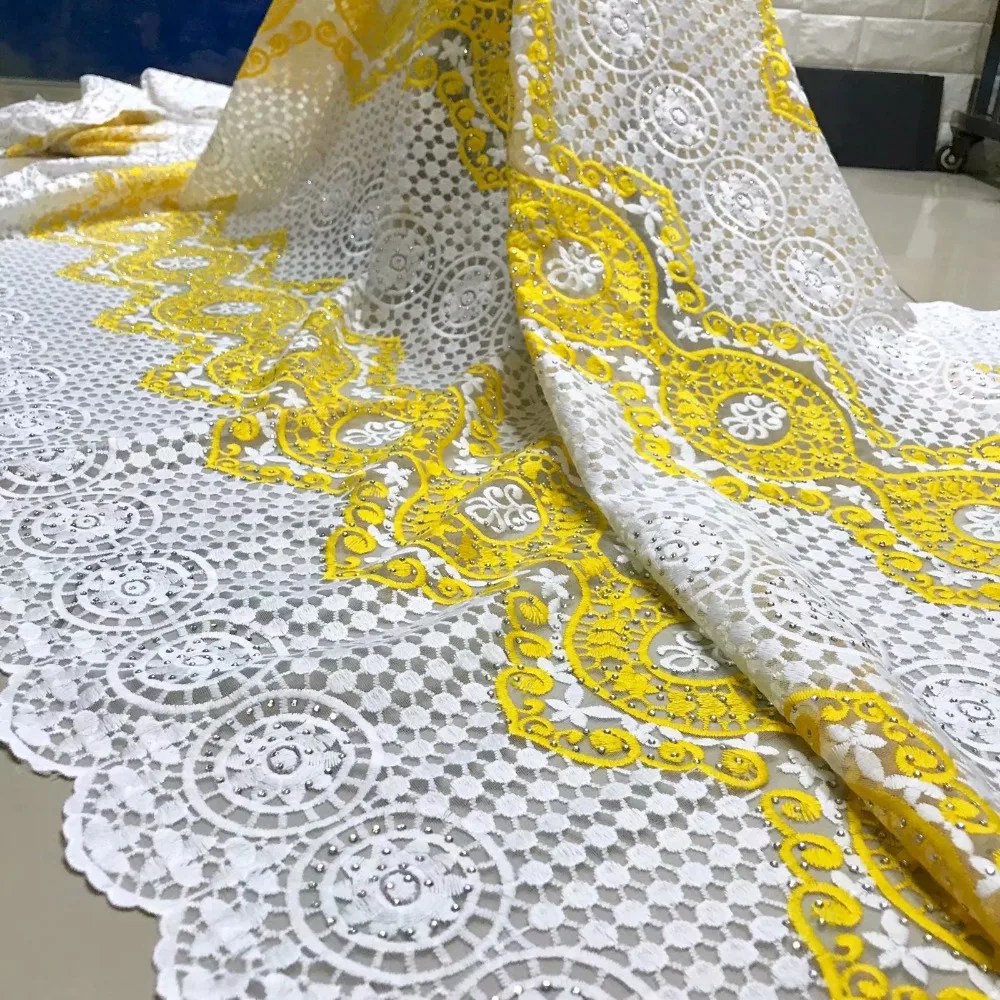 Чистая белая кружевная ткань с камнями 5 ярдов в партии африканская