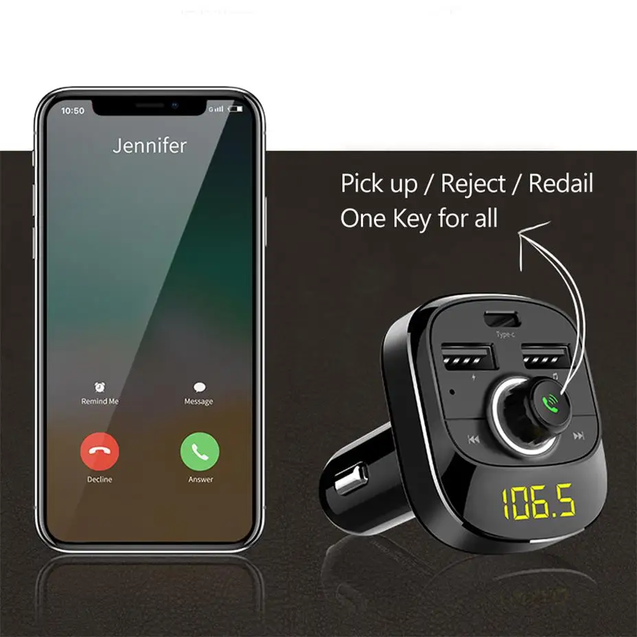 Bluetooth FM передатчик модулятор Handsfree Car Kit аудио MP3 плеер с быстрой зарядкой Type C Dual USB