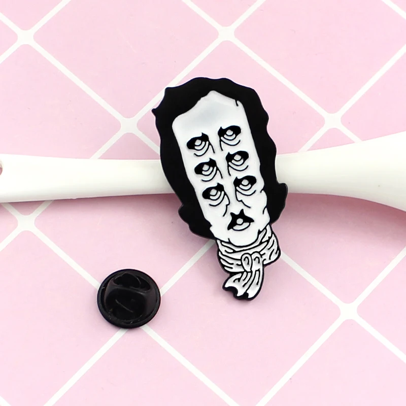 Black Character portrait brooch United States writer Allan Poe Many pairs of eyes peculiar Enamel denim lapel pin Gifts | Украшения и