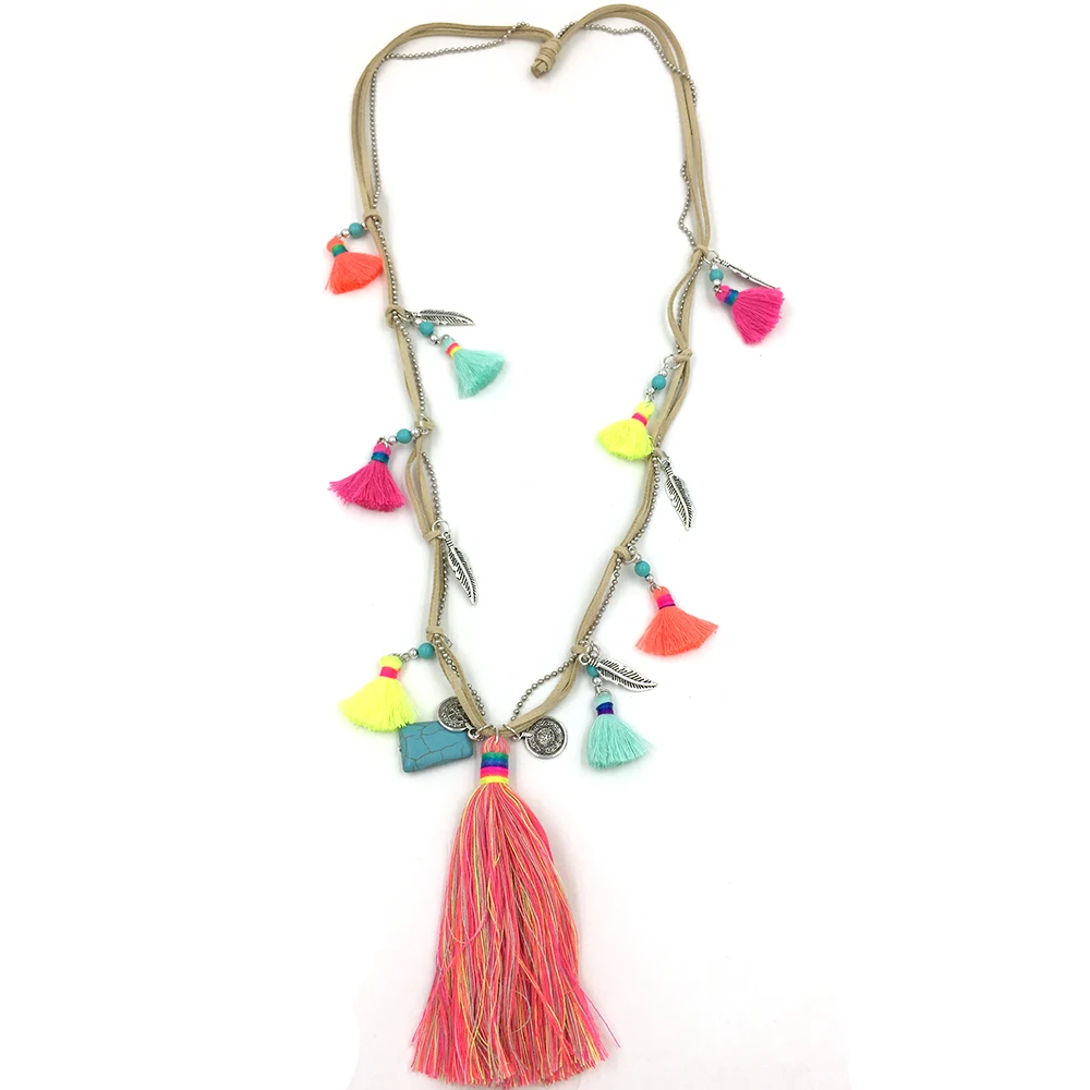 

New Handmade Rainbow Colorful Tassel Pendents Necklace Boho Bohemiam Long Fringe Statement Maxi Necklaces For Summer Women