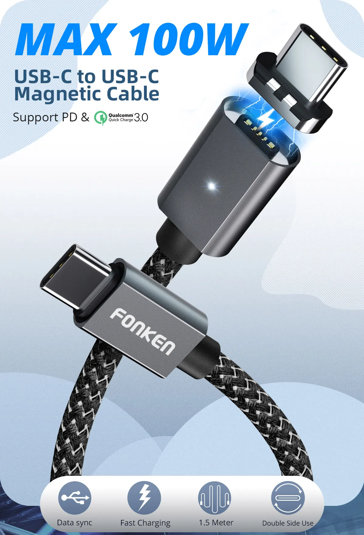FONKEN 100 Вт Магнитный кабель 5A usb type C для type C кабель 1,5 м ноутбук type-c Мощность PD шнур Быстрая зарядка Телефон зарядный провод данных
