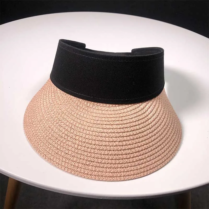 2018 Summer Women Straw Sun Visor Solid Wide Brim Empty Top Hat Unisex Clip on Beach Cap |