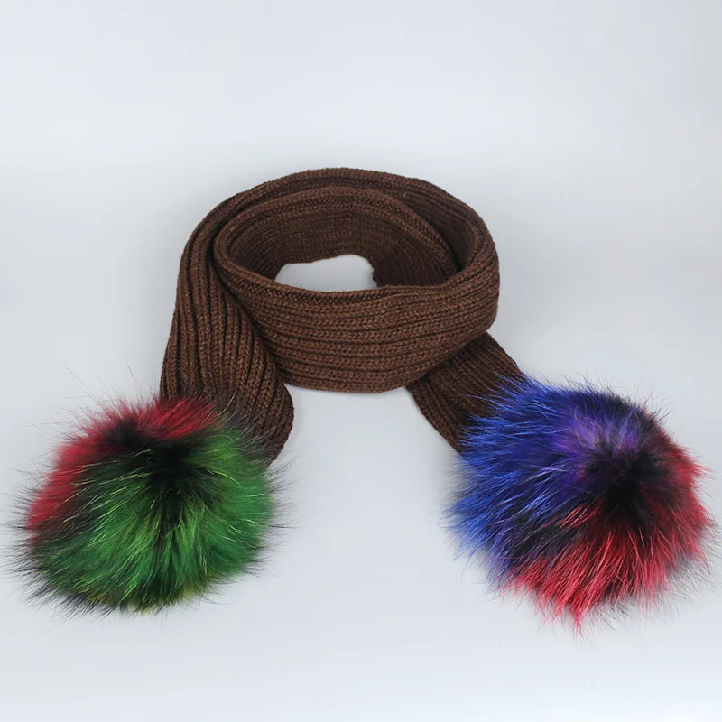 Scarf Coffee Женская и детская Шапка-бини, повседневные разноцветные шапки с помпонами, шапки с помпоном из меха лисы и енота для девочек, женские зимние теплые вязаные шапки Skullies - Цвет: Scarf Coffee