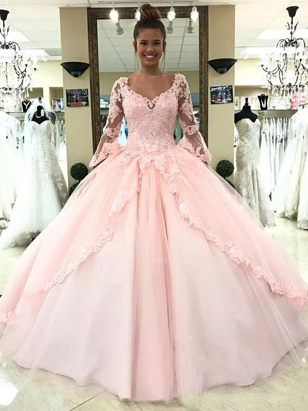 Светло-розовые платья Quinceanera одежда с длинным рукавом бальное платье принцессы Сладкие 16 день рождения милые девушки Пром вечерние особых случаев Go