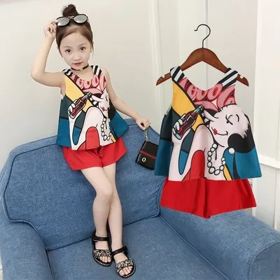 2019 Летний Новый Модный шифоновый топ для девочек + костюм с шортами | Детская