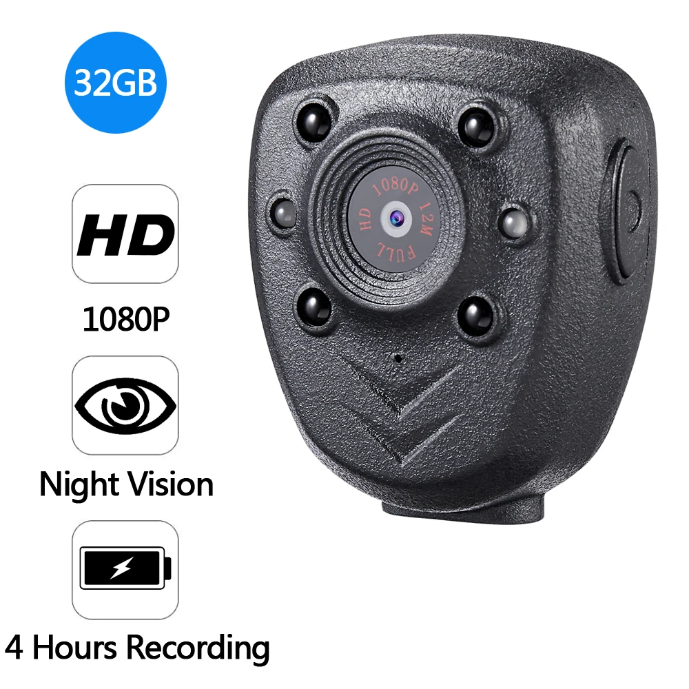 

HD 1080P Police Body Lapel Worn Video Camera DVR IR Night Vision LED Light Cam 4-hour Record Digital Mini DV Recorder Voice 32G