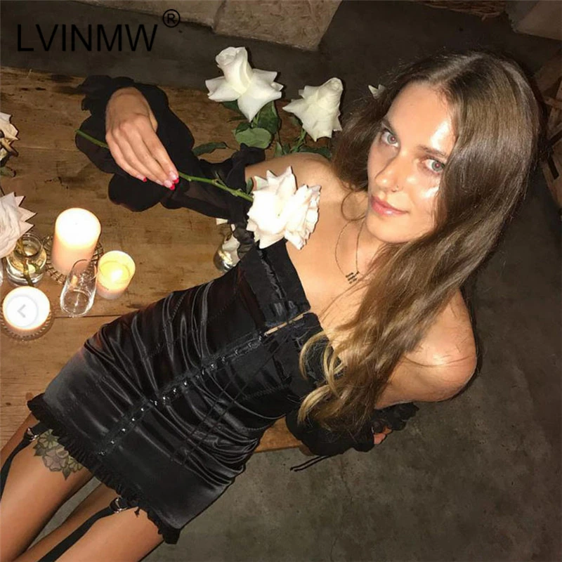 LVINMW сексуальное черное Сетчатое платье с оборками на шнуровке женское осень зиму