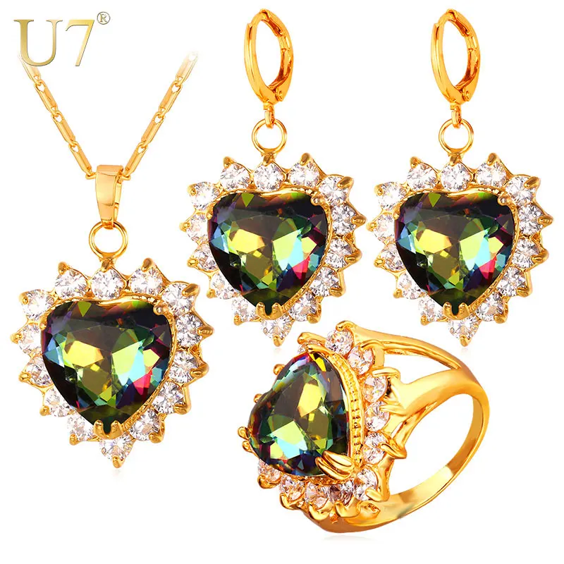 U7 Позолоченные Стразы Сердце Серьги Кольцо Ожерелье Ювелирные Наборы Для Женщин
