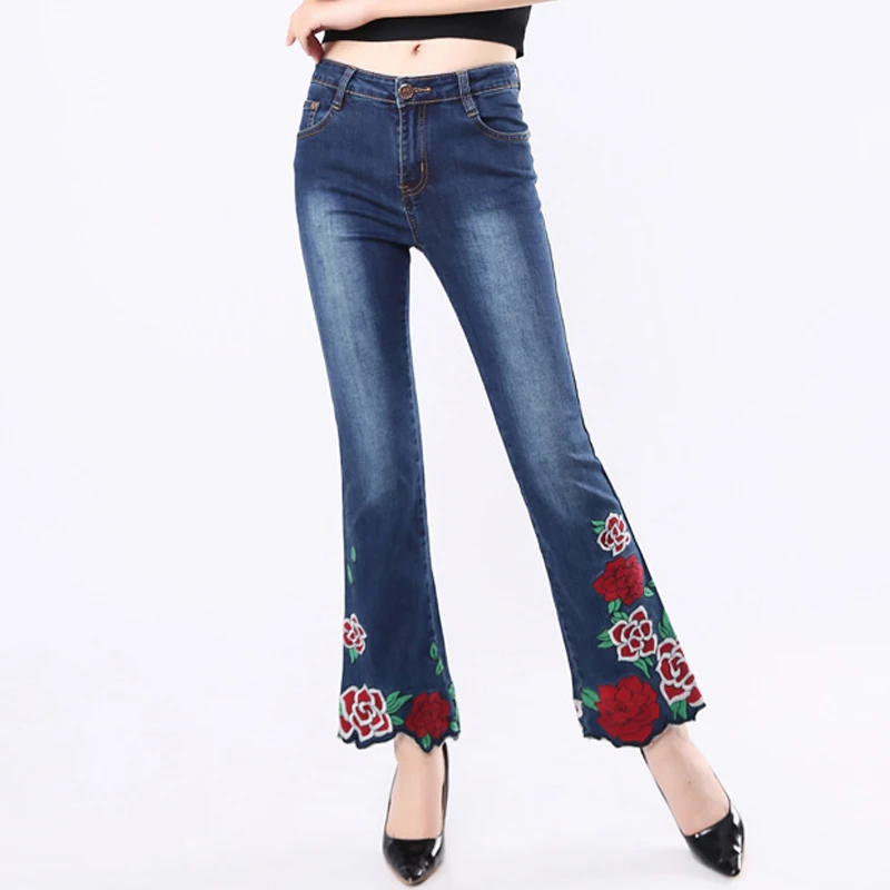 FERZIGE бренда Slim Fit Брюки для девочек Женский класса люкс с вышитыми цветами джинсы