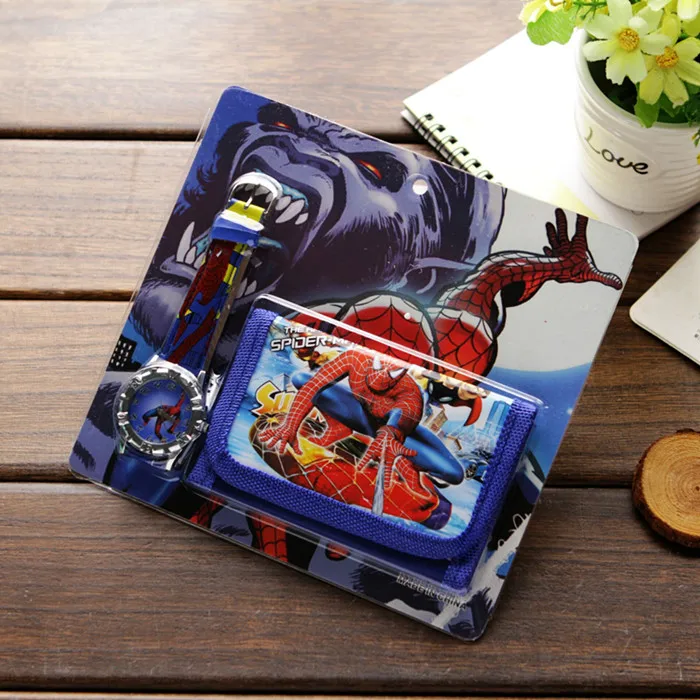 blue Spiderman Новые детские часы с кошельком из мультфильма, часы с человеком-пауком, Микки и Минни, подарки на день рождения для студентов, кварцевые часы с кожаным ремешком - Цвет: blue Spiderman