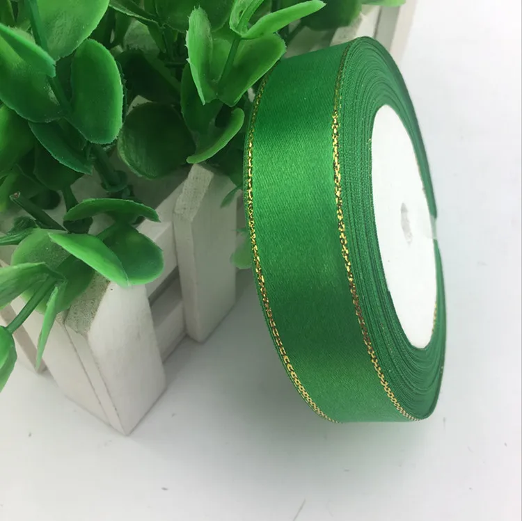 Green Золотой Край 25 ярдов 20 мм двусторонний атласные ленты цветок торт украшенный Бабочка Свадебный подарок упаковка для конфет ленты - Цвет: Green