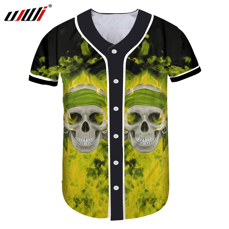 UJWI уличный стиль хиптер бейсбольная рубашка мужская зеленая пламя черепа