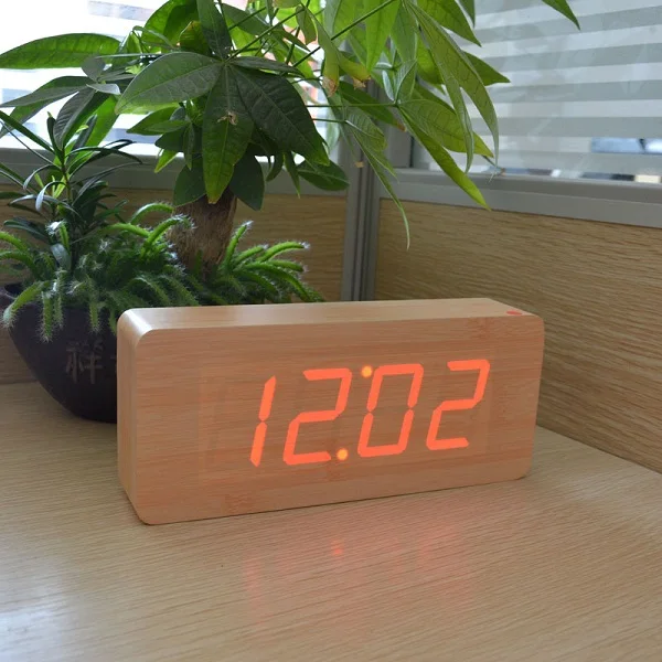 bamboo red FiBiSonic дизайн деревянный светодиодный цифровой часы, голосовое управление большие цифры Деревянный Будильник с температурой - Цвет: bamboo red