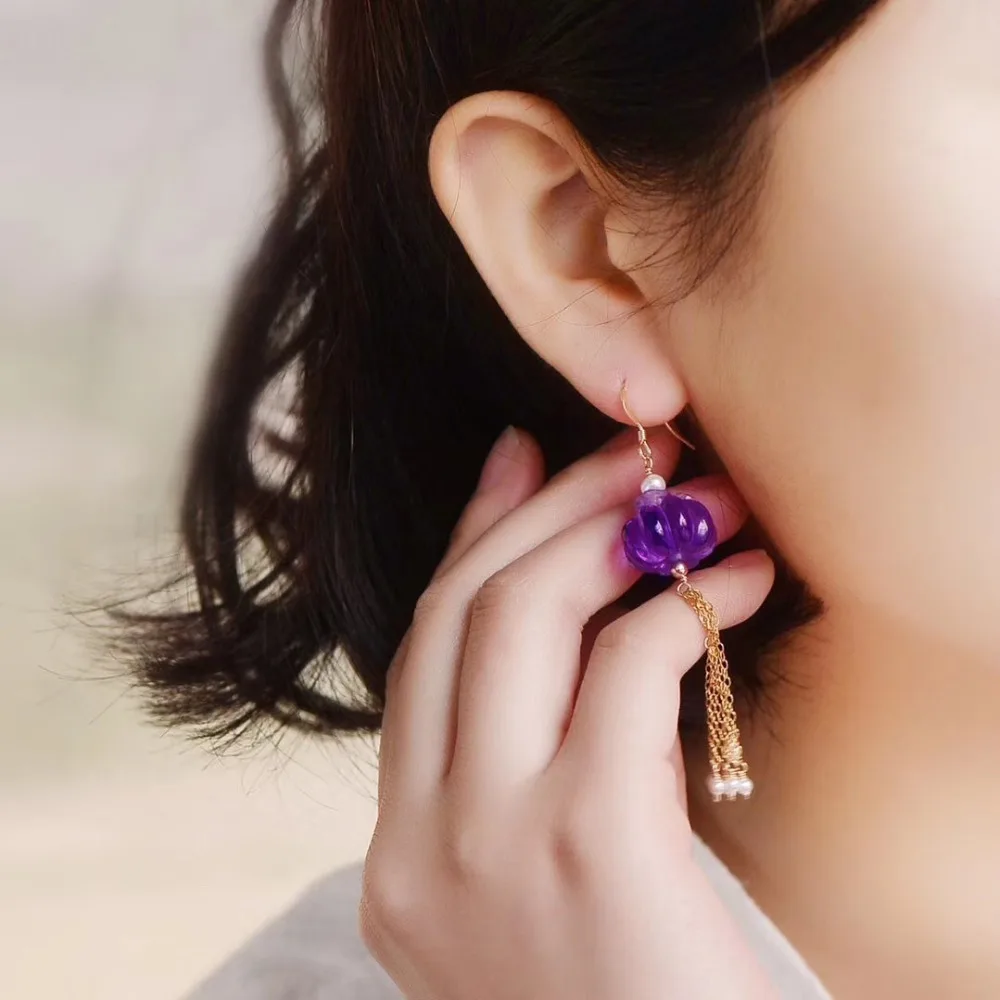 

Crystal Natural Purple Amethyst Drop Earrings For Fashion Women Lady Pumpkin Shape 14K Sterling Fine Fashion Earrings For Gift