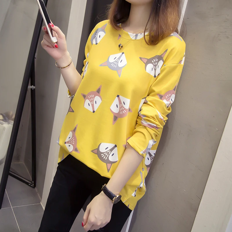 Doornot O-neck Big Tshirt New Autumn Women Casual Loose Long sleeve Fox Plus size Tops Cotton Oversize 3XL 4XL T shirts Tee | Женские