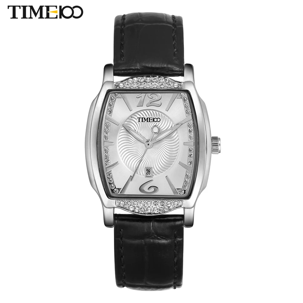 

Time100 Women's Watches Leather Strap Quartz Watches Diamond Tonneau Shape Dial Auto Date Ladies Wrist Watches relogio feminino