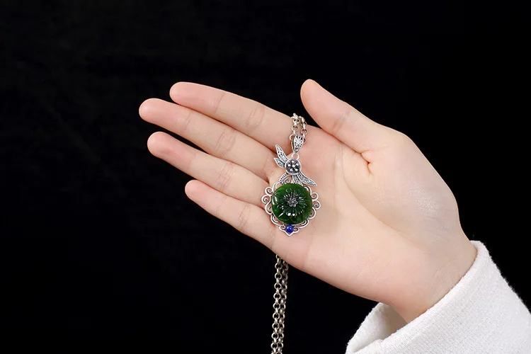 

KJJEAXCMYBoutique jewelry S925 Sterling Silver Antique and Tian Bi jade lapis lazuli mosaic lady's high-end sweater chain Silver