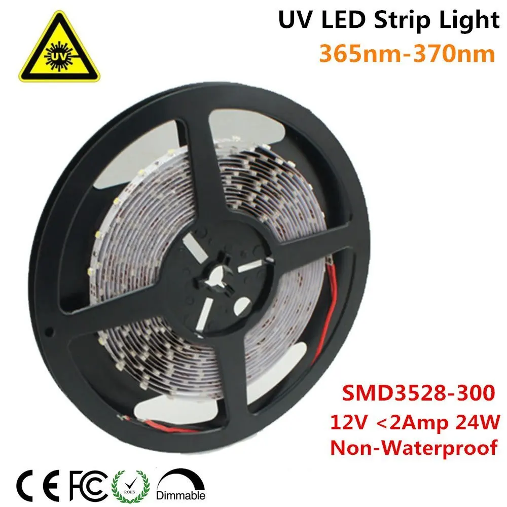 UnvarySam Ultraviolet LED Strip Light 365nm 370nm 375nm 380nm 385nm 5M 12V SMD3528 300LEDs 8x2.5mm UV for Curing Metal Crack