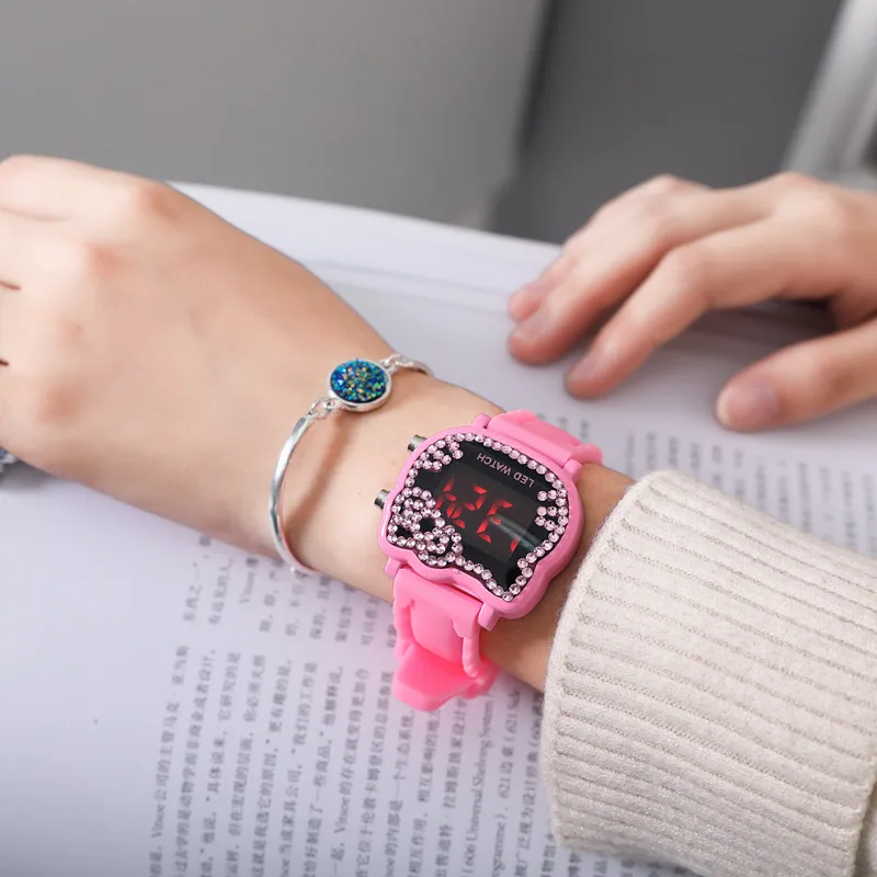Hello kitty часы с героями мультфильмов детские спортивные наручные часы для девочек детские светодиодные цифровые бриллиантовые Наручные часы Nina Reloj Nino часы - Цвет: pink
