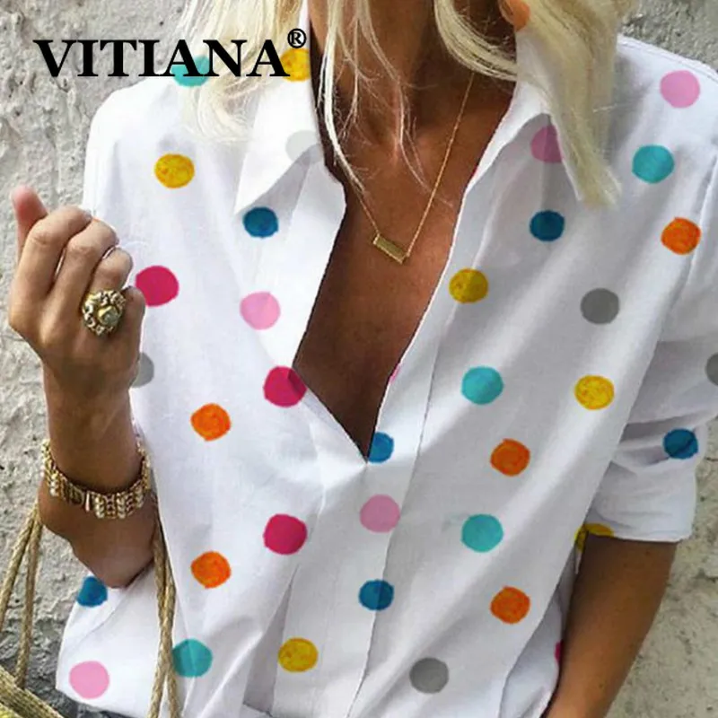 VITIANA, Женская Повседневная Блузка размера плюс 5XL, лето, Женская цветная уличная одежда с длинным рукавом в горошек, Женские топы и блузки для девушек